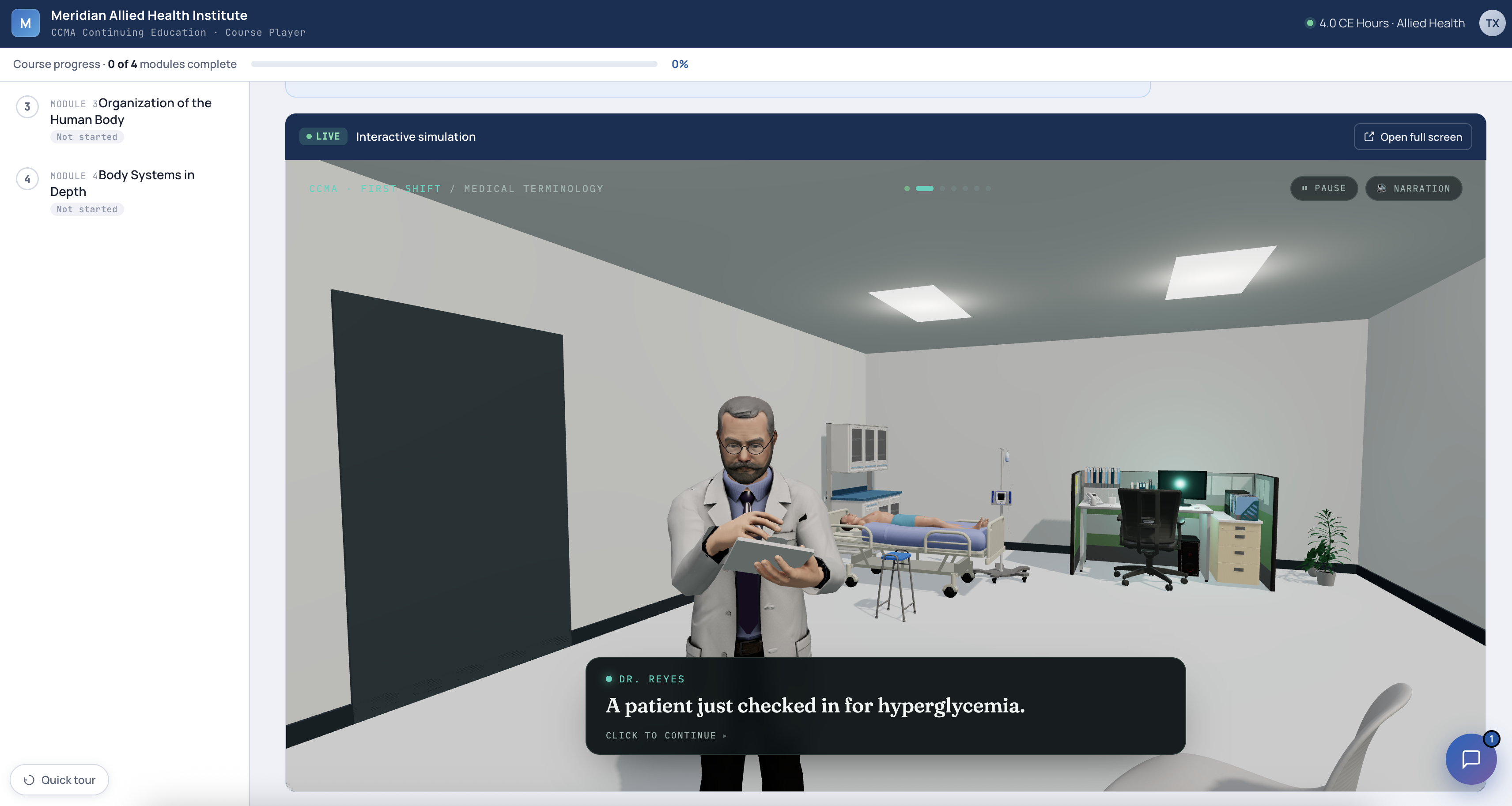 Medical training simulation course running inside an LMS